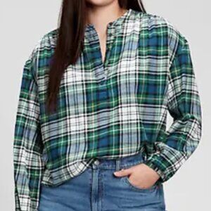 GAP Shirred Henley Top * Cotton Plaid Flannel * Size L TALL